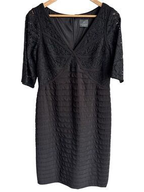 Adrianna Papell Black Lace Cocktail Dress Sz 12 Party LBD Half Sleeve Below Knee